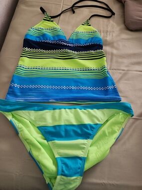 Girls/Teen/Womens Neon Green and Blue Striped Tankini One-Piece Swim Set